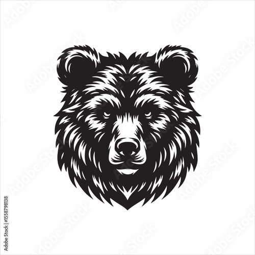 A stylized black and white illustration of a bear's head, looking forward.