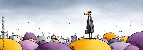 Homme en manteau gris sur collines violettes et jaunes paysage urbain