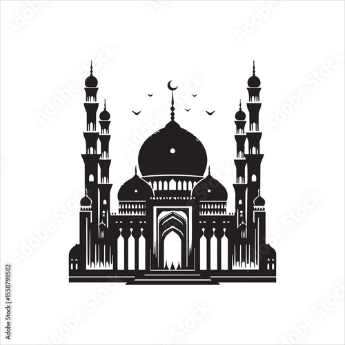 A majestic black silhouette of a mosque, detailed minarets, dome, and crescent moon.
