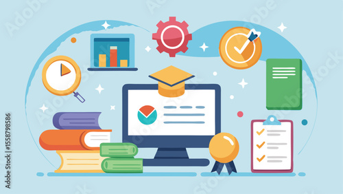 Education & Technology: A digital representation showcases education, innovation, and technological advancements in a visually appealing illustration of the learning process, with books, monitor.