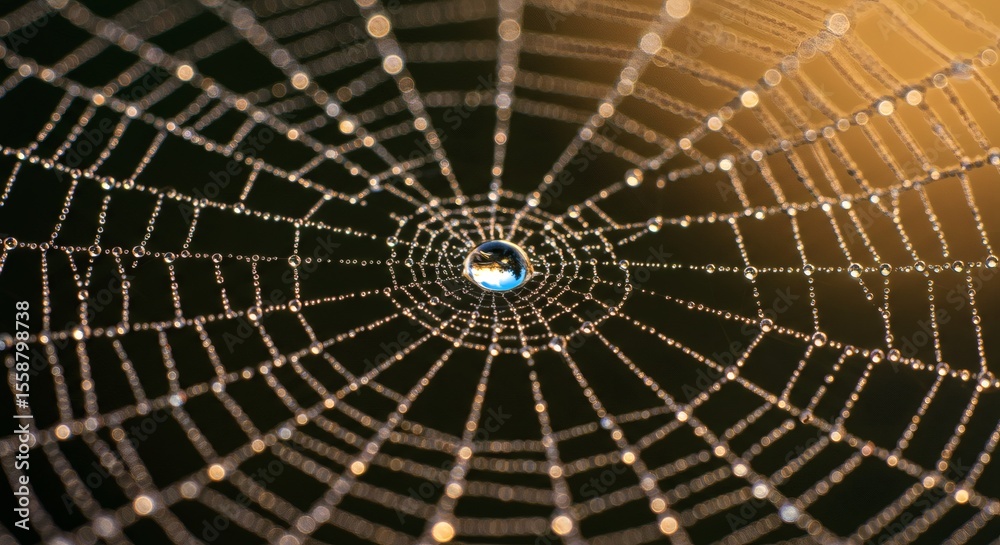 Fototapeta premium Dew-covered spider web in morning light