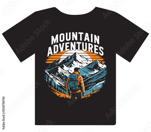 Explorer Themed Mountain Adventures T Shirt with Snowy Peaks and Hiker

