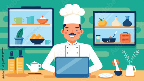 Chef's Digital Recipe: A culinary professional, dressed in a pristine chef's attire, is immersed in the world of digital recipes, with a laptop laid out on the counter.