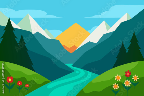 Summer mountain landscape with green meadows and snowy peaks under a vast sky