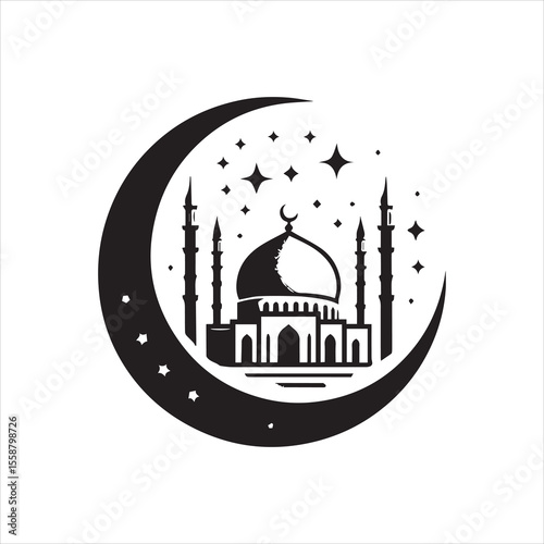 Night scene featuring a mosque silhouetted against a crescent moon and starry sky.