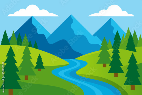 Serene Mountain River Landscape Picturesque Valley View with Lush Green Hills and Majestic Peaks