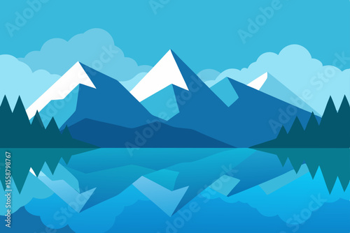 Mountain landscape vector illustration showcasing nature's beauty with snow-capped peaks, a clear blue sky, and majestic hills