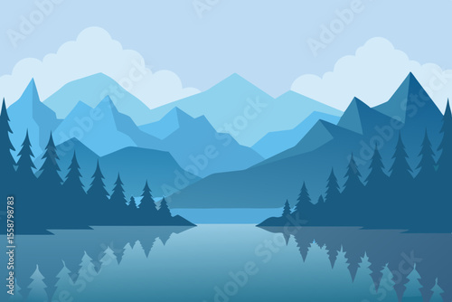 Mountain lake landscape: tranquil water reflecting snow-capped peaks, alpine forest, and a vast sky with clouds