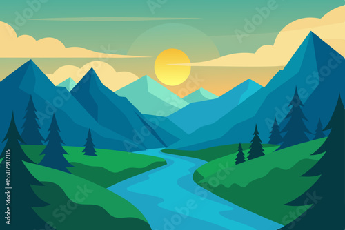 Serene Mountain River Landscape A Breathtaking Sunset View