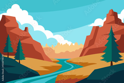 Serene River Valley Landscape Mountains, Pines, and Tranquil Waters