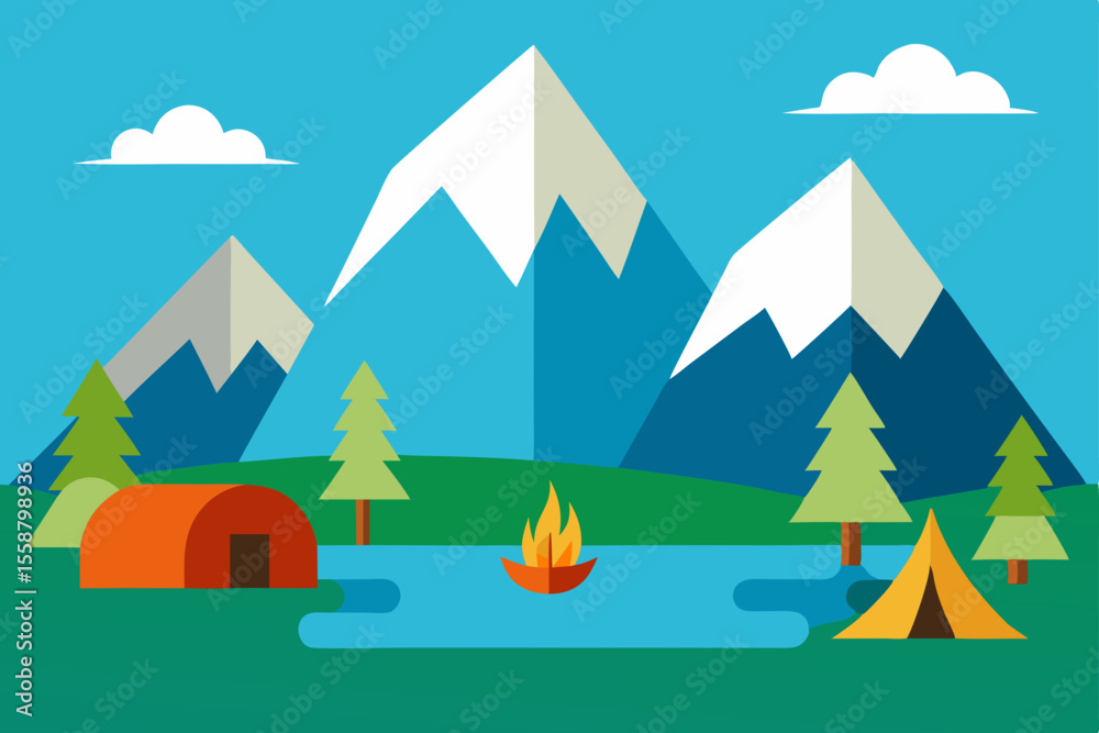 Camping in the mountains with a cartoon house, trees, and sky Camping in the mountains with a cartoon house, trees, and sky