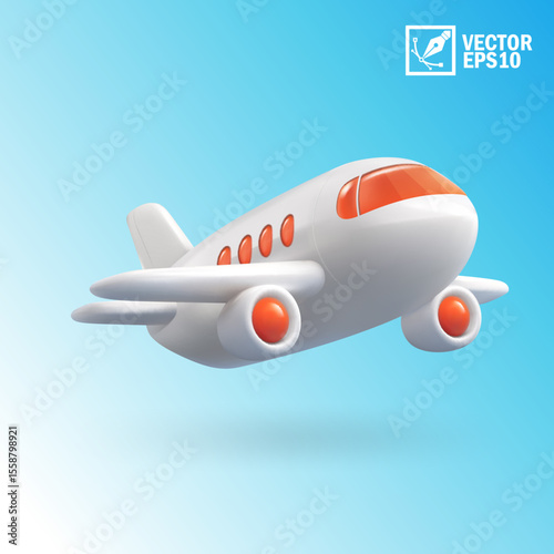 Realistic 3D icon modern passenger airplane flying in blue sky, aviation travel concept. Commercial airliner jet with white body and blue accents, vector illustration in EPS10 format, isolated