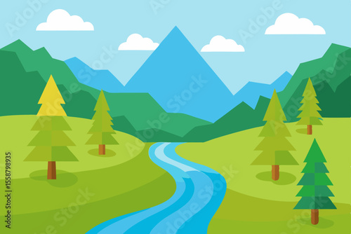 Serene Mountain River Landscape Picturesque Nature Scene with Lush Greenery
