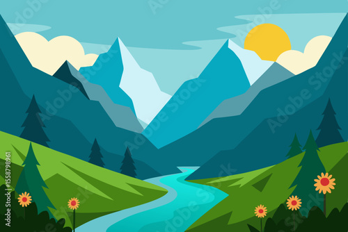 Serene Mountain Valley Landscape River, Peaks, and Sunlit Vista