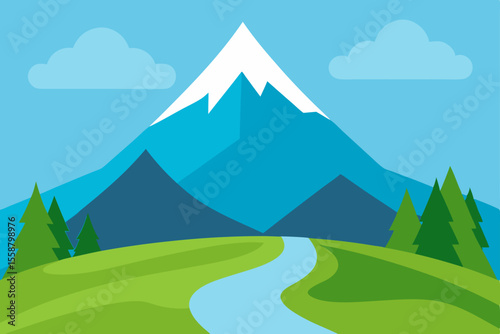 Majestic Mountain Landscape Serene River, Lush Green Valley, and Snow-Capped Peaks