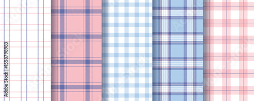 Plaid seamless pattern. Checkered background. Tartan blue pink textures. Flannel shirt textile. Set gingham fabrics. Lumberjack tablecloth. Vichy print. Buffalo checkered backdrop. Vector illustration