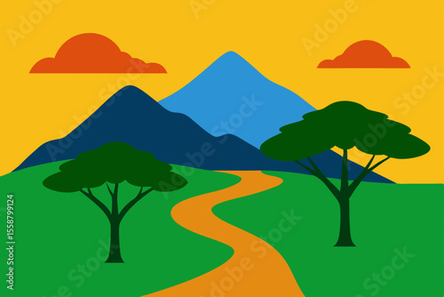 Serene Mountain Landscape Winding Path, Lush Greenery, Sunset Hues