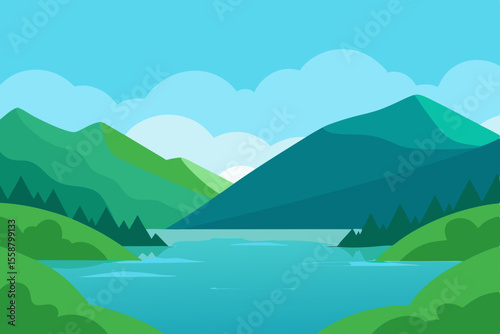 A scenic blue sky mountain landscape with a serene lake reflecting the surrounding nature and clouds