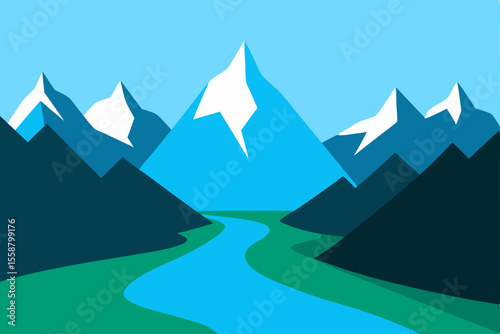 Serene Mountain River Landscape Majestic Peaks and Tranquil Waters