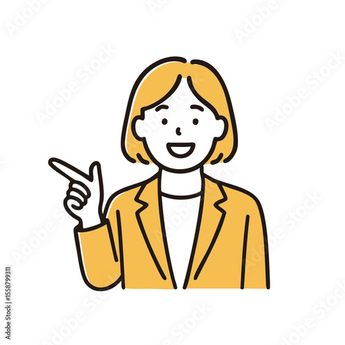 Woman smiling while pointing forward, minimal line art illustration