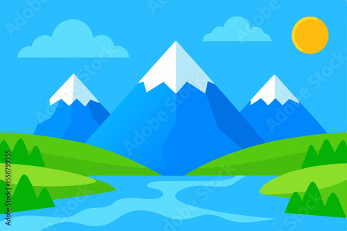 Mountain landscape with trees under a blue sky, illustrating a natural scene with peaks and clouds