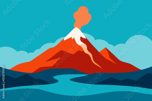 Vector illustration of a mountain landscape with a man's silhouette on the peak at sunset