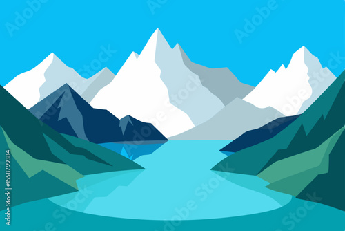 High-angle panoramic winter mountain landscape with a serene alpine lake, snow-covered peaks, and a vast sky adorned with clouds