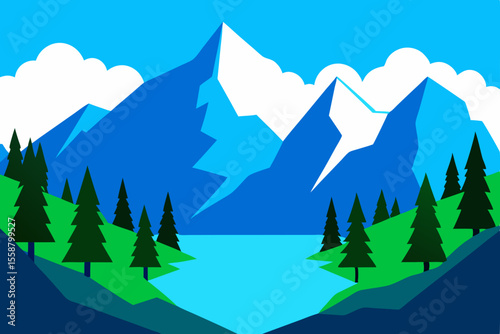 Snowy winter mountain forest landscape with pine and fir trees, a vector illustration scene