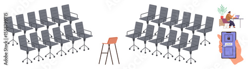 Rows of empty chairs face a vacant stool, paired with a home office desk showing remote work and digital access on a smartphone. Ideal for modern workspaces, remote work, virtual meetings