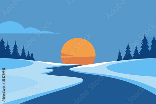 Beautiful winter landscape with snowy trees and mountains under a cold sky