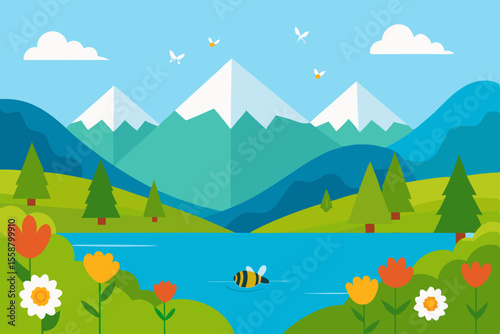 Here's a single sentence for naming an image depicting a summer landscape with mountains:

Summer nature landscape with green mountains, trees, and a blue sky with clouds