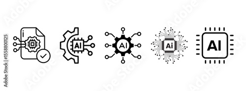 Automation and ai icon set. Containing machine learning, data science, AI, virtual assistant, generative AI, technology, Turing test and more. Solid vector icons collection.