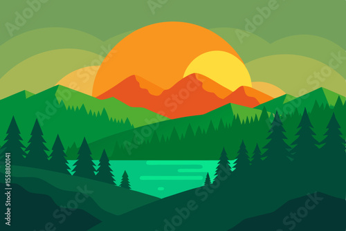Serene Sunset Mountain Lake Landscape Illustration