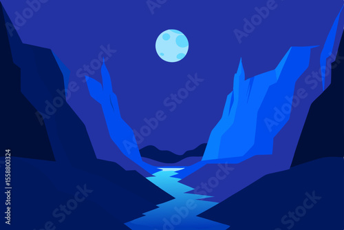 Serene Night Moonlit River Valley Landscape Illustration
