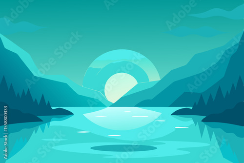 Serene Teal Mountain Lake Sunset A Peaceful Landscape Illustration