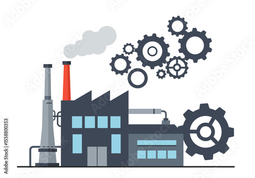 A cartoon illustration of an industrial factory spewing smoke surrounded by gears and pipes