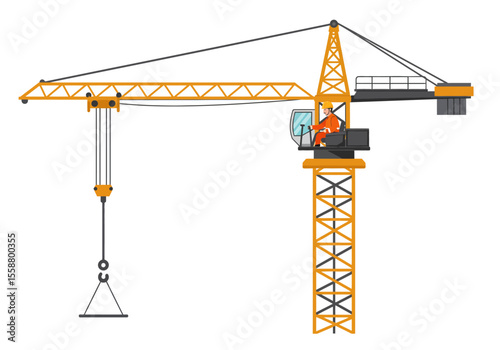 A construction crane stands with an operator in its cabin and a suspended load