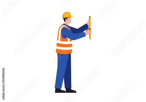 A construction worker in a hard hat and safety vest holds a yellow tape measure