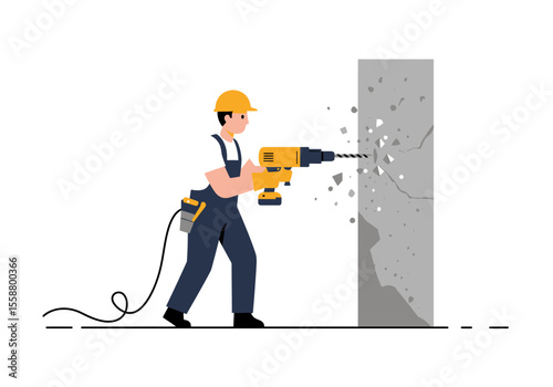 A construction worker drills into a gray column with debris flying