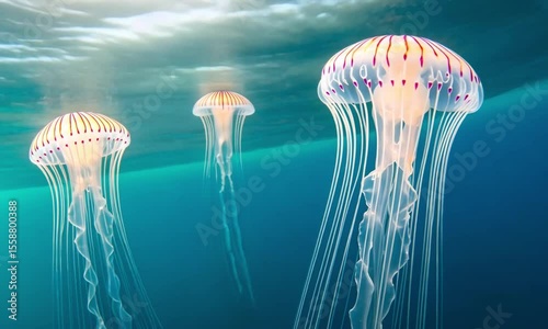Three jellyfish, pale, translucent, with reddish-orange banding, float in deep teal water