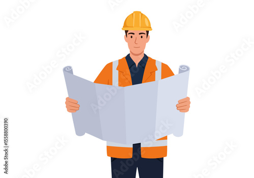 A construction worker in a hard hat and safety vest reads a blueprint
