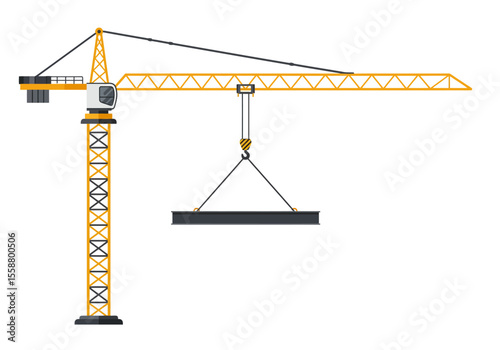 A crane lifts a metal beam showing construction equipment against a white background