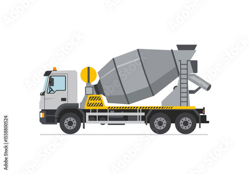 A flat vector graphic of a cement mixer truck shown in profile view on a white background