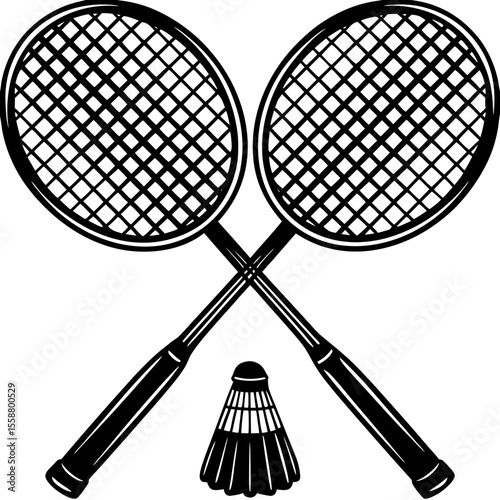 Two badminton rackets crossed with shuttlecock silhouette vector illustration