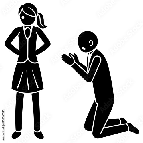Woman standing while man kneels silhouette vector illustration