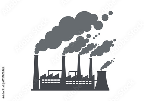 A gray factory belches smoke from its chimneys