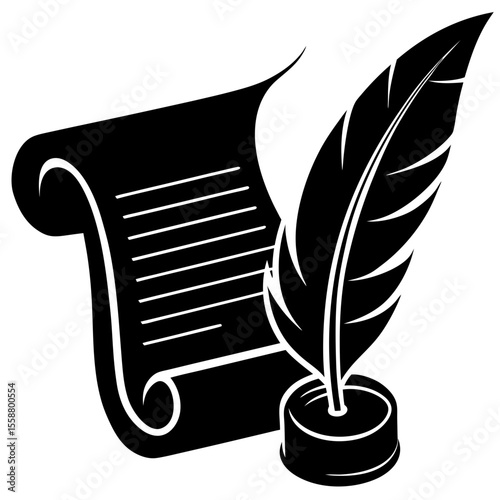 Ancient paper scroll with feather pen and inkwell silhouette vector illustration