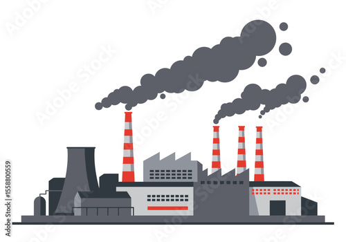 A gray industrial factory emitting dark smoke from multiple striped smokestacks