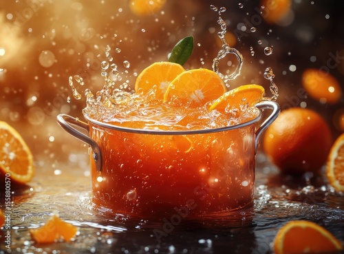 Fresh oranges splashing in a pot of orange juice.
