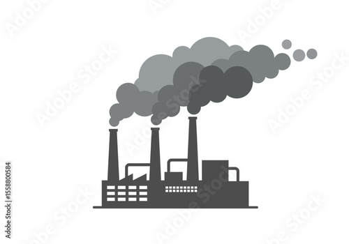 A gray silhouette of an industrial complex emitting smoke from multiple smokestacks